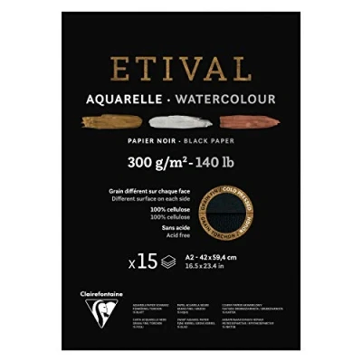 Image de Clairefontaine 975320C Un bloc encollé 1 côté de papier dessin Etival 15 feuilles 42x59,4 cm 300g double grains (recto grain fin et verso torchon), Noir