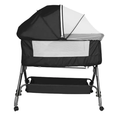 Image de HUOLE Lit Bébé Cododo Berceau avec Matelas, Mode Bascule pour Bercer, Côté Repliable, Hauteur Réglable, Fenêtres en Filet, Roues et Sac de Voyage 0 24 Mois, 25 kg 104 * 52 100 110 cm Noir