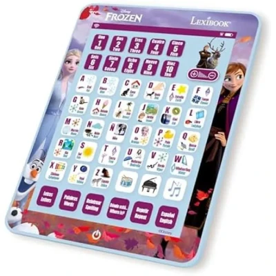 Image de LEXIBOOK JCPAD002FZi2 JCPAD Disney La Reine des Neiges Tablette éducative bilingue Apprendre Lettres Chiffres Mots Orthographe Musique Langues Anglais/Espagnol Bleu