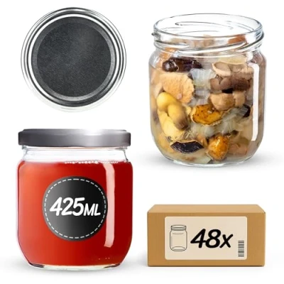 Image de KADAX Lot de 48 pots à confiture avec couvercle visser, 425 ml, pour confitures, miel Argenté