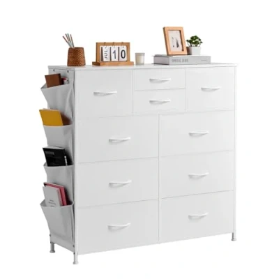 Image de VEVOR Commode en tissu à 10 tiroirs, meuble de rangement avec bacs tissu, tiroir pour placard poignée facile tirer et cadre acier robuste, chambre coucher, couloir, blanc