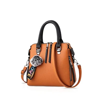 Image de NICOLE &amp; DORIS Sac à Main Bandoulière Femme Mode a Pompon Fourre Tout Moyen D&#039;épaule Rétro PU Cuir Sacs Messenger Jaune