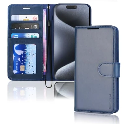 Image de TECHGEAR iPhone 15 Pro Leather Wallet Case, Flip Protective Case Cover with Card Holder, Stand and Wrist Strap Blue PU Magnetic Closure Designed for 6.1&quot;