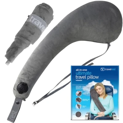Image de Travelrest All in One Coussin de Voyage Gonflable Pliable Lavable avec Ceinture Soutient la Tete et Le Nuque pour Voyager en Avion, Train, Bus Design Ergonomique Innovant