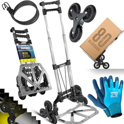 Image de MASKO® Diable pour escaliers Pliable 80 kg capacité de Charge 3x3 avec Roues + 2 Cordes Expander Gants poignée réglable en Hauteur Aluminium Transport