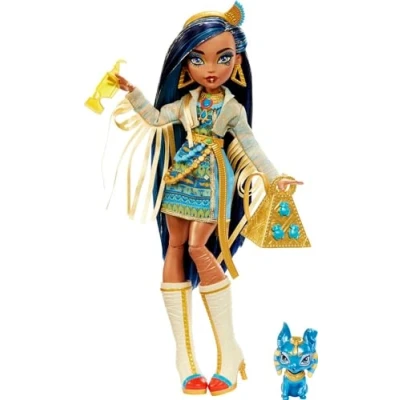 Image de Monster High Poupée Cleo De Nile avec Accessoires Et Animal Compagnie, Mode Articulée, Cheveux Mèches Bleues, Jouet Enfant, Dès 3 Ans, HHK54