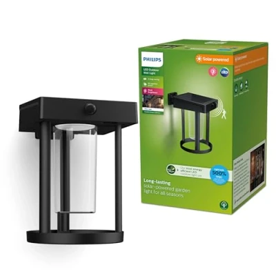 Image de Philips Camill UltraEfficient, Applique murale solaire ronde, 1,4 W, 3000 K, noire, transparente, détecteur de mouvement, IP44 résistante aux intempéries