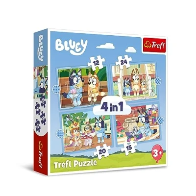 Image de Trefl Bluey et Son Univers Puzzles 4en1, 4 Puzzles, de 12 à 24 Pièces Différents Niveaux Difficulté, Loisir pour Les Enfants partir 3 Ans
