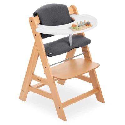 Image de hauck Chaise Haute Bébé Alpha Plus en Bois, Inclus Plateau Play Tray, Jouet Bebe Repairing et Coussin, à Partir de 6 Mois, Réglable Naturel