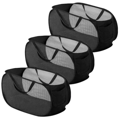 Image de Panier a Linge Pliable, 3 Pièces Pop Up Paniers à Pliables, En Maille Filet Linge, Pliable Avec Poignée Pour Chambre, Chambre D&#039;enfant Et Voyage(Noir)