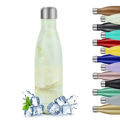 Image de TITIROBA Bouteille d&#039;eau isotherme en acier inoxydable, 500 ml, isolation sous vide, résistante aux fuites, sans BPA, froid pendant 24 heures et 12 de marbre onyx vert chaud