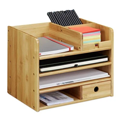 Image de Relaxdays Organiseur de bureau, Compartiments, Bac courrier A4, Tiroirs, Fournitures, Système d’organisation, en bambou, Taille Unique, Nature