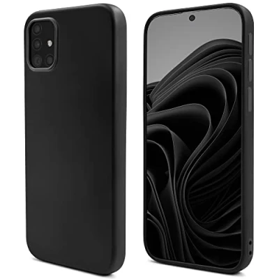 Image de Moozy Lifestyle. Coque conçue pour Samsung A51, noire en silicone liquide avec finition mate et doublure microfibre douce. Neuf