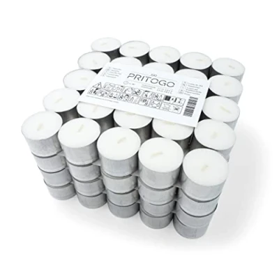 Image de Pritogo Bougies chauffe plat (100 pièces) blanches, non parfumées dans un couvercle en aluminium Ø 3,8 * 2,5 cm, sans suie, durée de combustion : 8 heures