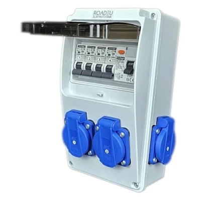 Image de RoadEu Répartiteur de Courant 230V, 4x Prises intégrées au Tableau Électrique avec Disjoncteur Différentiel 30mA Coffret Electrique équipé 16A. Distributeur TableauÉlectrique