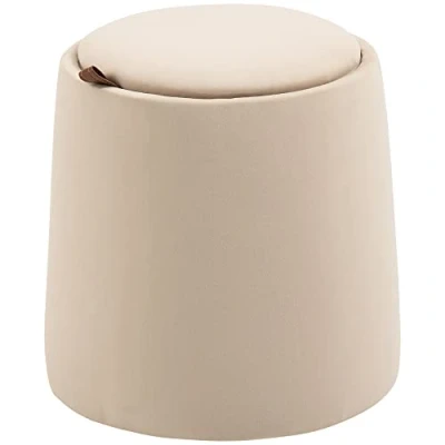 Image de HOMCOM Pouf Ottomane 2 en 1 Avec espace de rangement Couvercle amovible Aspect velours Pour salon, chambre à coucher Beige Diamètre : 44 cm x 47,5