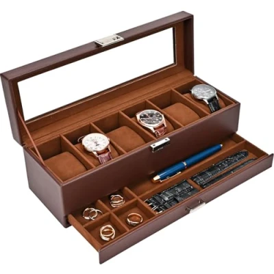 Image de Procase Boite a Montre à 2 Niveaux, 6 Emplacements avec Coussins pour Montres, 2ème Compartiment des Petits Bijoux Accessoire, Couvercle en Verre Marron