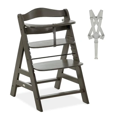Image de hauck Chaise Haute Bébé Alpha Plus en Bois de Hêtre Certifié FSC Èvolutive dès 6 Mois, Réglable, Harnais 5 Points, Sangle Aspect Cuir, Barre Sécurité, Résistante Jusqu&#039;à 90 kg Charcoal