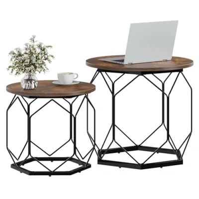 Image de WOLTU Lot de 2 Tables Basses Gigognes, Table Salon, d&#039;Appoint à Cadre Noir en Métal, Café avec Plateau Rond Bois Composite, Style Industriel,Effet brûlé,BTS05vbn