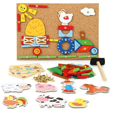 Image de Small Foot 10228 Jeu de Clous Bois, Planche liège avec Motifs Ferme pour créer des Images, à partir 6 Ans Animaux Jouet motricité, 10228, Multicolore, Petit