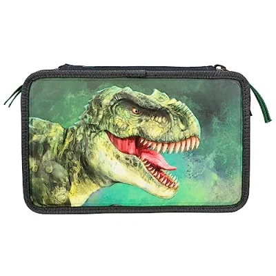 Image de Depesche 12475 Dino World Trousse à 3 compartiments en forme de dinosaure effet 3D avec crayons couleur, règle, ciseaux, etc.