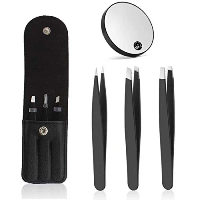 Image de 3pcs pinces à épiler et miroir grossissant 10x pince de précision en acier inoxydable pour sourcils, poils incarnés, épilateur le visage, outil beauté femmes hommes