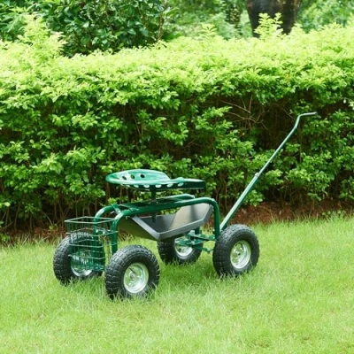Image de pro.tec Tabouret de Jardinage Roulant Chariot Jardin avec Poignée Siège sur Roues Pneumatiques Rangement Acier Caoutchouc 81 x 45 cm Vert Noir Argenté