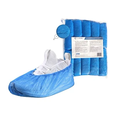 Image de 100 Surchaussures jetables imperméables OneProtek Étanches, antidérapantes et résistantes à la déchirure Couvre chaussure en polyéthylène (CPE) Bleu Taille Unique