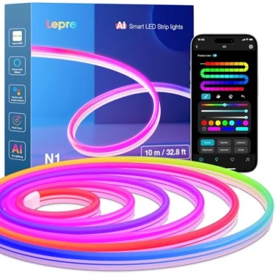 Image de Lepro N1 IA Neon Ruban LED Mural 10M, Éclairage généré par LLM, MagicColor Bande avec App/Voice Control, Compatible Alexa et Google Assistant, IP65, Sync Musique Pour Chambre Gaming Décoration