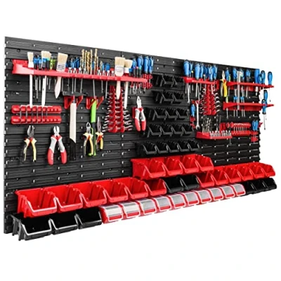 Image de Système de rangement mural pour atelier et garage 172 x 78 cm Avec 50 boîtes empilables supports d’outils Panneau porte outil perforé ultra solide