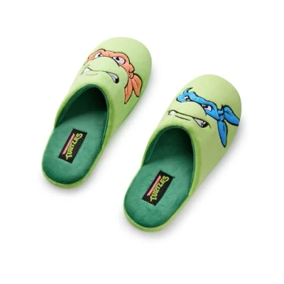 Image de TEENAGE MUTANT NINJA Turtles Chaussons pour Hommes Mules Vertes avec Visage des Personnages Leonardo &amp; Mikey Semelle en Caoutchouc Intérieurs de Guerriers Animés Dessins