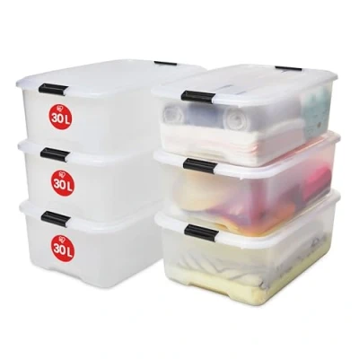 Image de Iris Ohyama, Boite Rangement Plastique avec Couvercle, 30L, Lot de 6, Transparent, Clips Fermeture, Poignées, Empilable, Portable, Solide &amp; Durable, Pour Dressing, Garage, Chambre, Bureau, TB 30