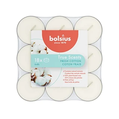 Image de Bolsius True Scents Lot de 18 Bougies Chauffe Plat Parfum Coton Frais Durée Combustion: 4 Heures Décoration d&#039;intérieur Extraits naturels avec Cire Naturelle végétalienne