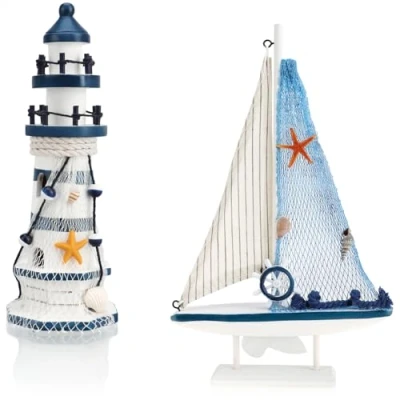 Image de com four® Ensemble de décoration Maritime 2 pièces Voilier et Phare décoratifs en Bois pour Une Ambiance dans Votre Maison (02 + Bleu)