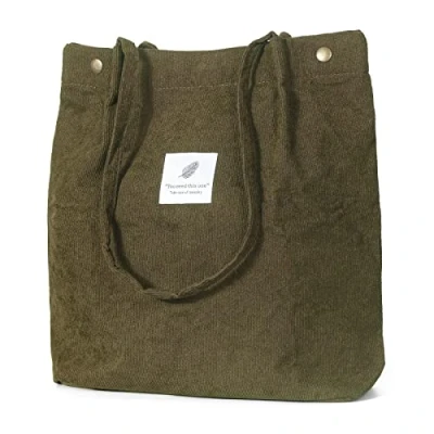Image de iophi Tote Bag Noir, Sac Velours Côtelé Femme, Doux, Grande Capacité, Réutilisable, Adapté aux Dames et Filles (Vert armé)