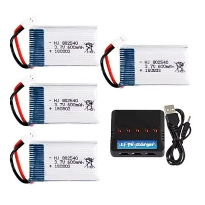 Image de YUNIQUE GREEN CLEAN POWER Ensemble de 4 Batteries Lipo 3.7V 600mAh pour Drones Compatible avec Syma X5, Cheerson CX 30W, Skytech M68 Haute Performance et Durabilité Chargeur Inclus, Argent