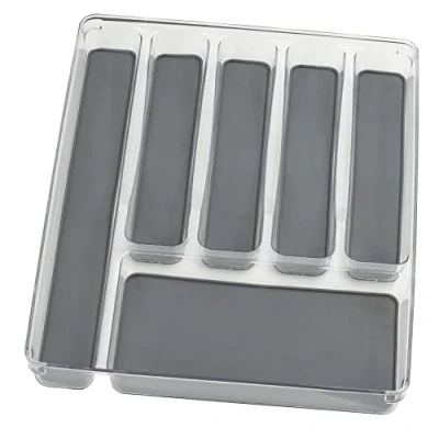 Image de WENKO Range Couverts avec 6 Compartiments Insert pour Couverts, tiroirs, en Plastique (Pet), 32 x 4.5 40 cm, Bac Transparent et Fond Gris