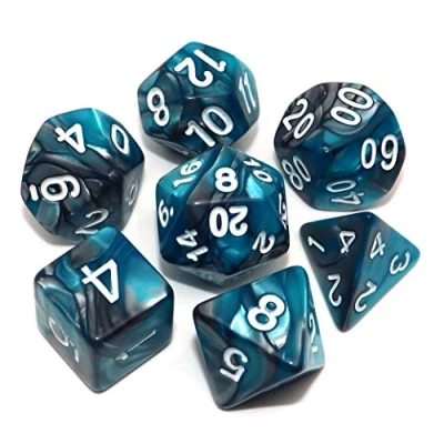Image de CREEBUY DND Lot de 7 Dice RPG Polyhedral pour Dungeon et Dragons MTG D&amp;D D20 D12 D10 D8 D6 D4 (bleu mer argent)
