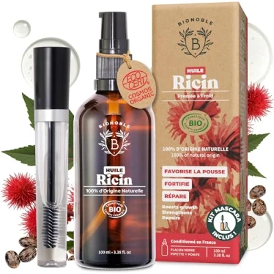 Image de Bionoble Huile de Ricin Bio 100ml + Kit Mascara, Pipette et Pompe Bouteille en Verre 100% Pure, Naturelle, Pressée à Froid pour Cheveux Cils Sourcils Castor Oil,