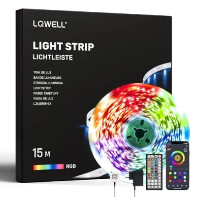 Image de LQWELL® 15M Bande lumineuse LED avec télécommande et application, synchronisation de musique Bluetooth, guirlande RVB à changement couleur pour fête, maison, chambre, TV