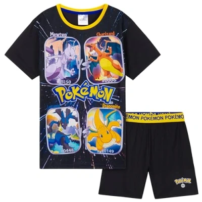Image de Pokémon Pyjama Enfant Garcon, Ensembles de T Shirt et Short (Noir/Jaune, 7 8 Ans)