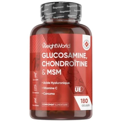 Image de Glucosamine Chondroïtine MSM 180 Gélules Pour 3 Mois Enrichi en Curcuma, Acide Hyaluronique &amp; Vitamine C Cartilage, Collagène, Système Immunitaire, Os, Réduction Fatigue WeightWorld