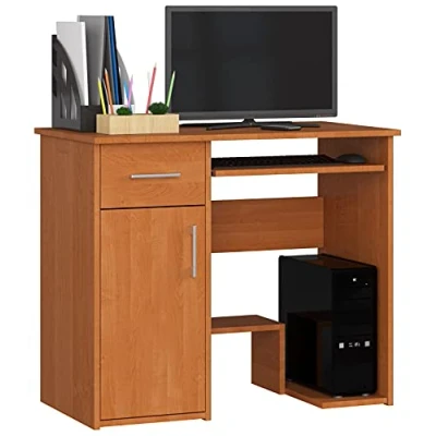 Image de AKORD Bureau PC Jay avec Clavier et étagère Meuble Ordinateur 1 Tiroir, Porte, Repose Pieds L90 x H74 P50 cm Simple Informatique Desk Blanc