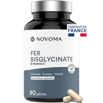 Image de NOVOMA Fer Bisglycinate 14 mg + Vitamine C, Haute Absorption, Immunité &amp; Anti fatigue, Cure de 3 mois, Complément Alimentaire breveté Ferrochel®, 90 Gélules Vegan, Fabriqué en France