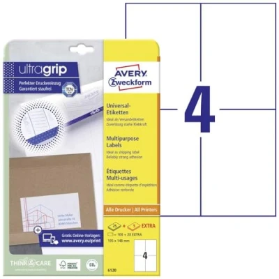 Image de Étiquettes Avery Zweckform 6120 (A4, 100 + 20 étiquettes universelles Extra, 105 x 148 mm) 30 feuilles Blanc.