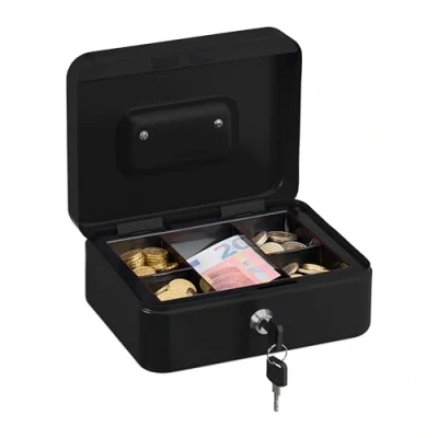 Image de Relaxdays Caisse à Monnaie, verrouillable, Compartiment Amovible divisé en 5, Fer, H x L P : 8,5 20 17 cm, Noire