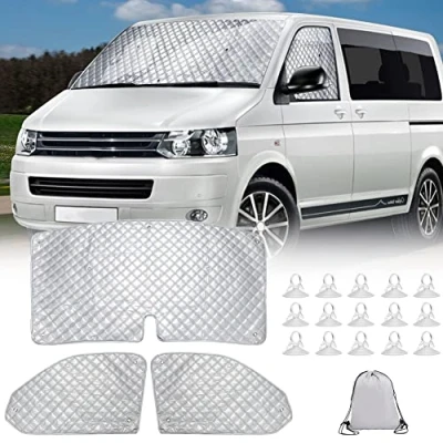 Image de Pare Soleil pour Brise Remplacement VW T5 T6, Lot de 3 Réversibles Thermiques Internes avec Sac Rangement, Ensemble Vitres Avant, Non 100% Occlusion