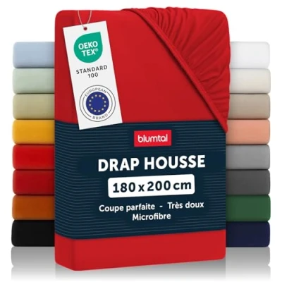 Image de Blumtal Basics Drap Housse 180 x 200 30cm 30cm, Microfibre De Haute Qualité Doux, Résistant, Anti Plis Certifié Oeko Tex Rouge