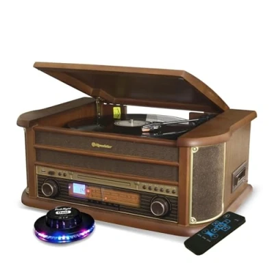Image de Platine Vinyle Roadstar HIF 1993BT 33 45 78 Trs, 2 Enceintes 32W PMPO, CD, USB, Bluetooth, FM RADIO, CASSETTE, en BOIS, Ovni