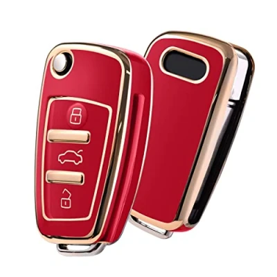 Image de OATSBASF Coque de Protection pour clé Voiture Audi en Silicone TPU A1 A3 A4 A6 Q3 Q5 Q7 S3 R8 TT (Rouge Bord Doré)